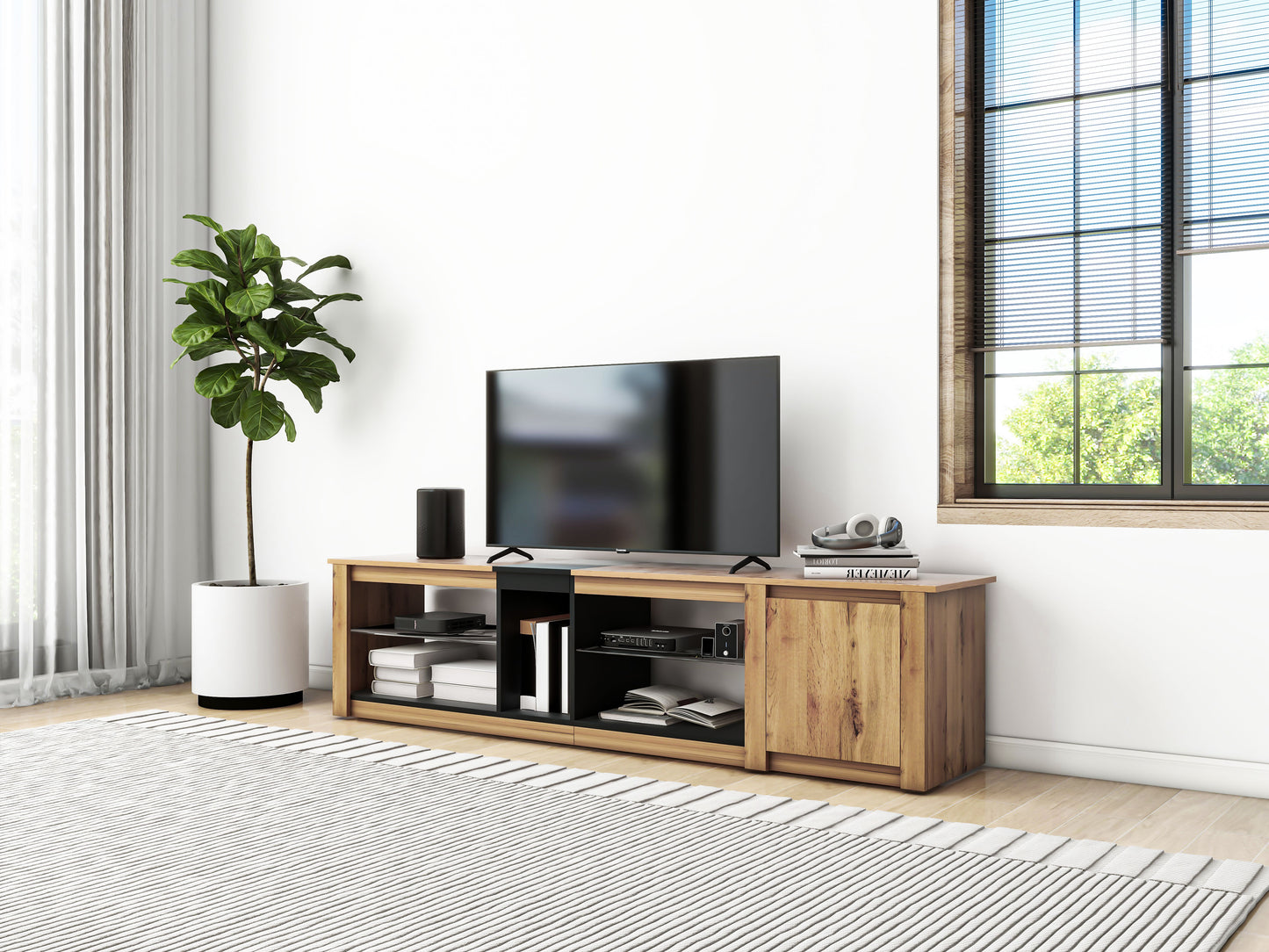 ModernTV stand suitable for TVs under 80 inches, media console with multifunctional storage, and LED lights