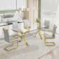 Modern Tempered Glass Dining Table, Large Office Desk with Gold Plated Metal Legs and MDF Crossbars