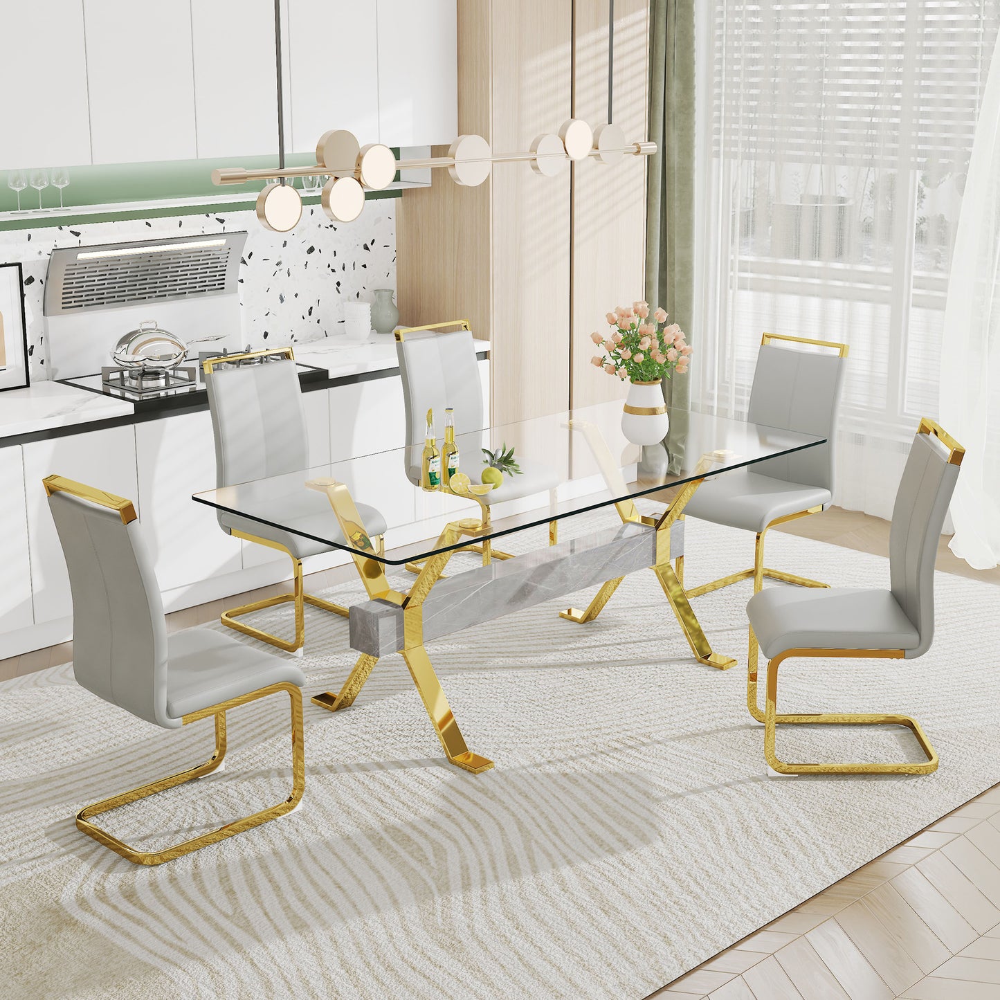 Mesa de comedor moderna de vidrio templado, escritorio de oficina grande con patas de metal chapado en oro y barras transversales de MDF