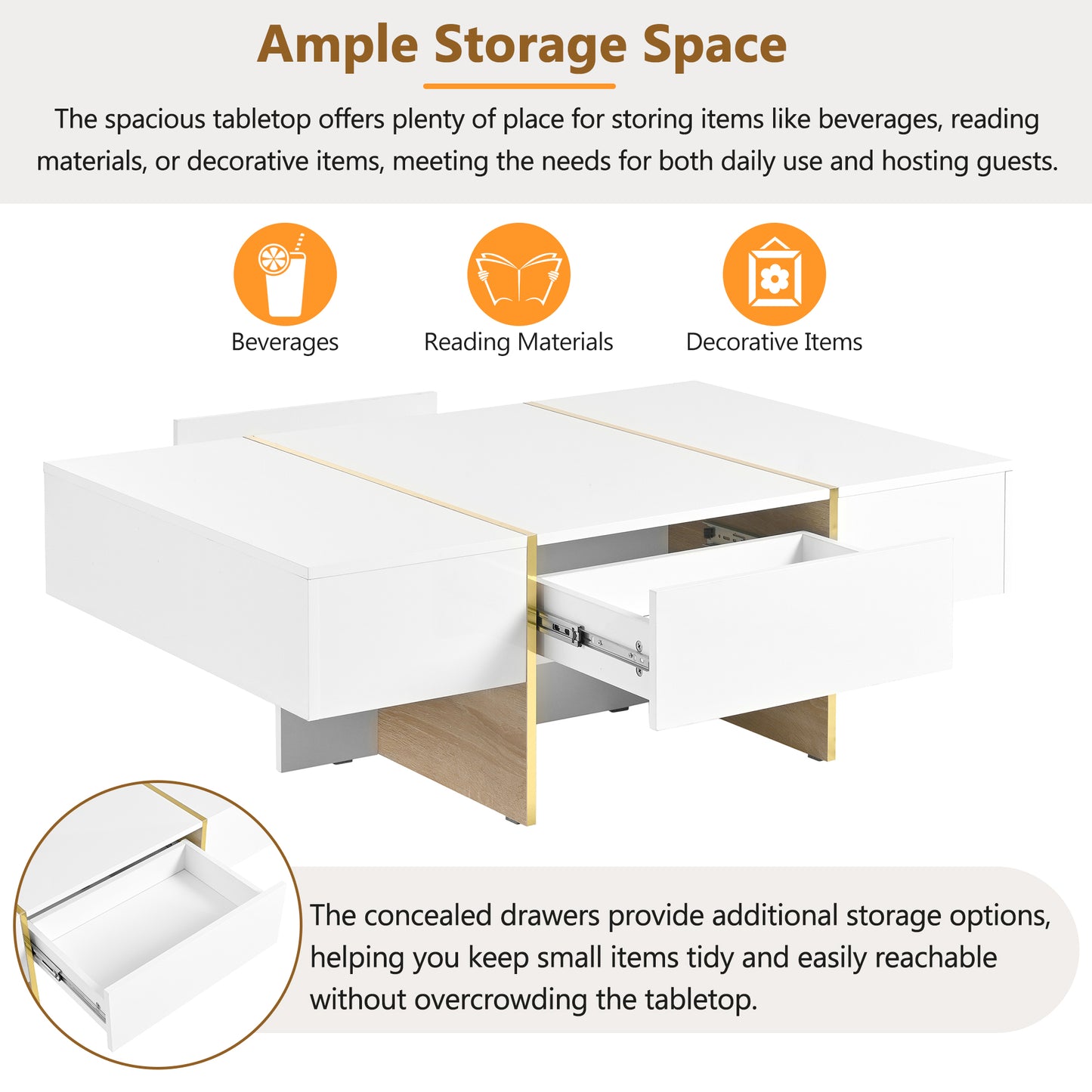 ON-TRANS 47.2 inch x 31.4 inch multifunctional rectangular sofa table with 2 drawers and gold wood grain leg center table, white