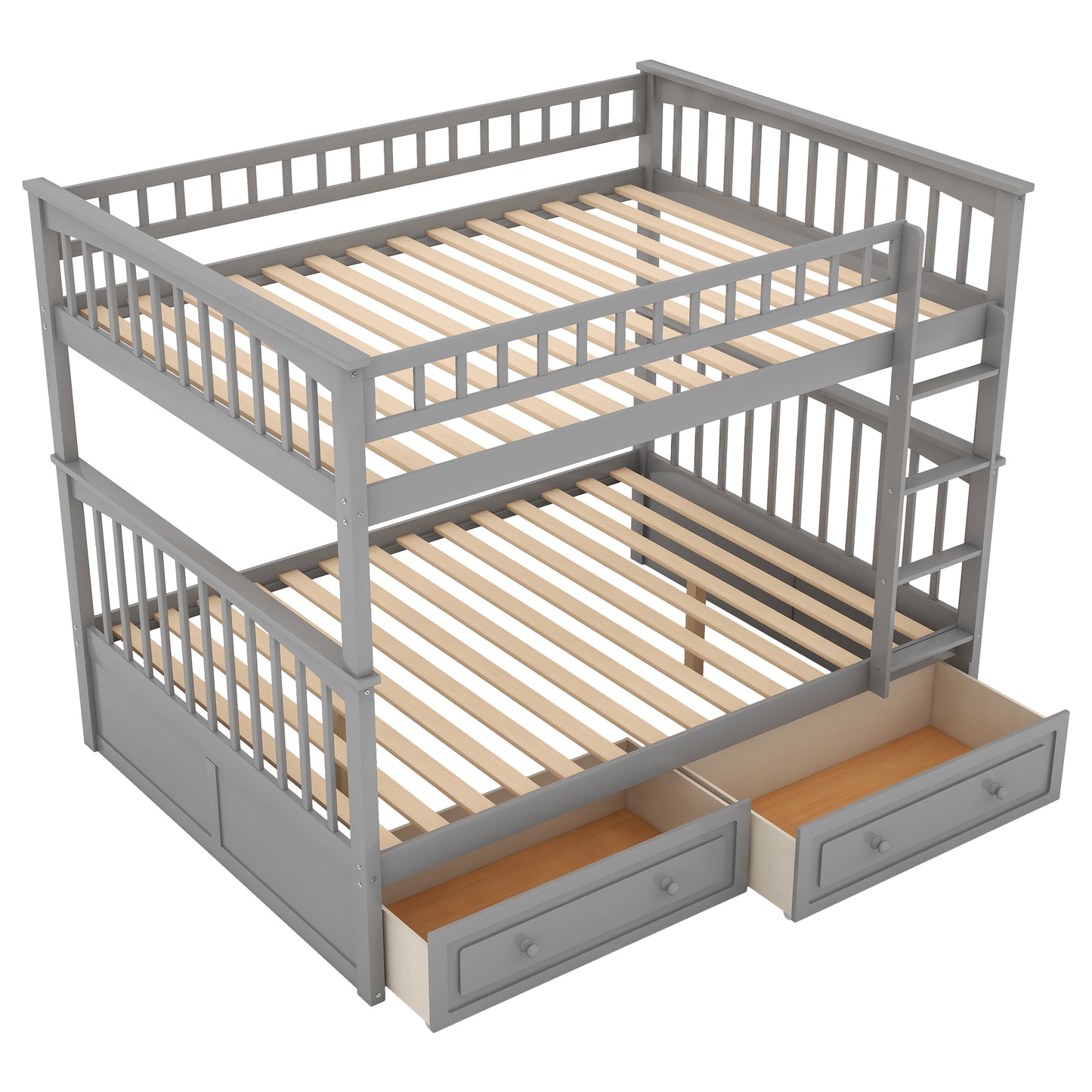 Full over Full Bunk Bed with Drawers, Convertible Beds  Gray