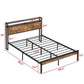 Large metal platform bed frame with wooden headboard and footboard with USB LINER and LED lights