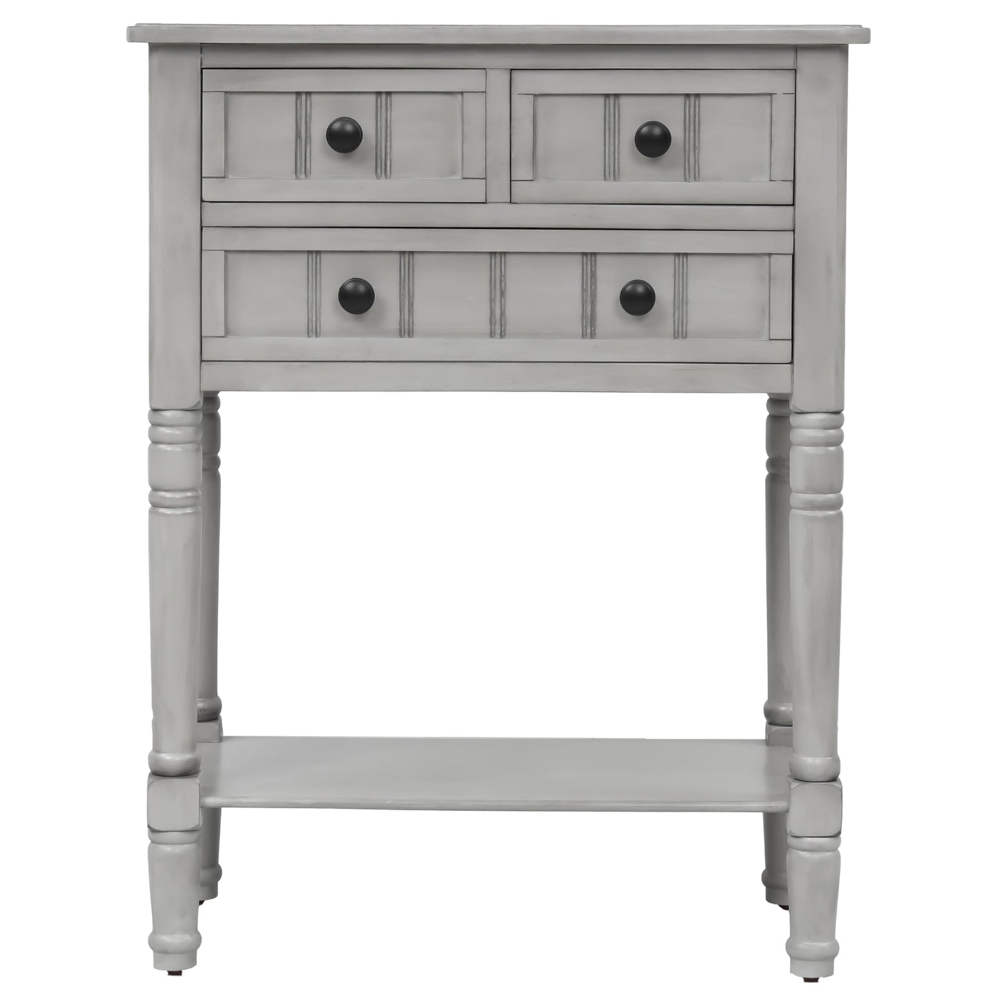 TREXM Narrow Console Desk, Thin Sofa Table with 3 Storage Drawers and Bottom Shelf, Grey Washed Finish