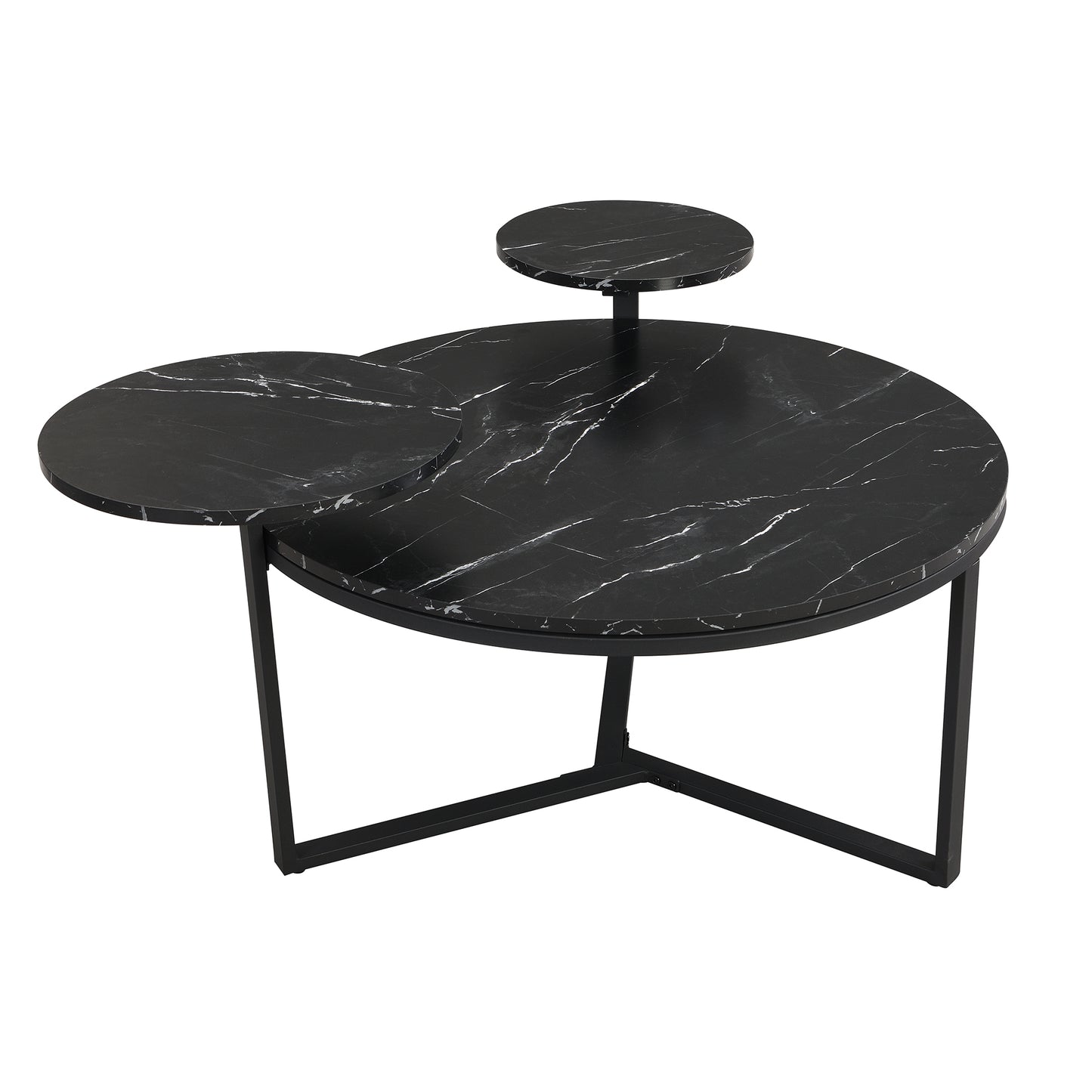 Modern coffee table with two display shelves, Black Faux marble surfaces, Tripod-inspired base,Rounded tabletop edges