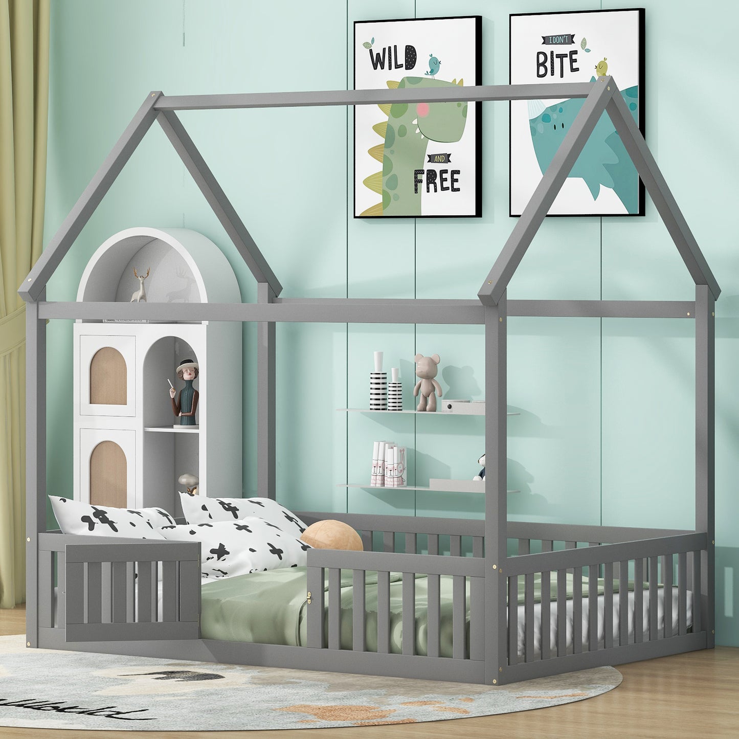 Full Size Wood House Bed with Fence and Door, Gray