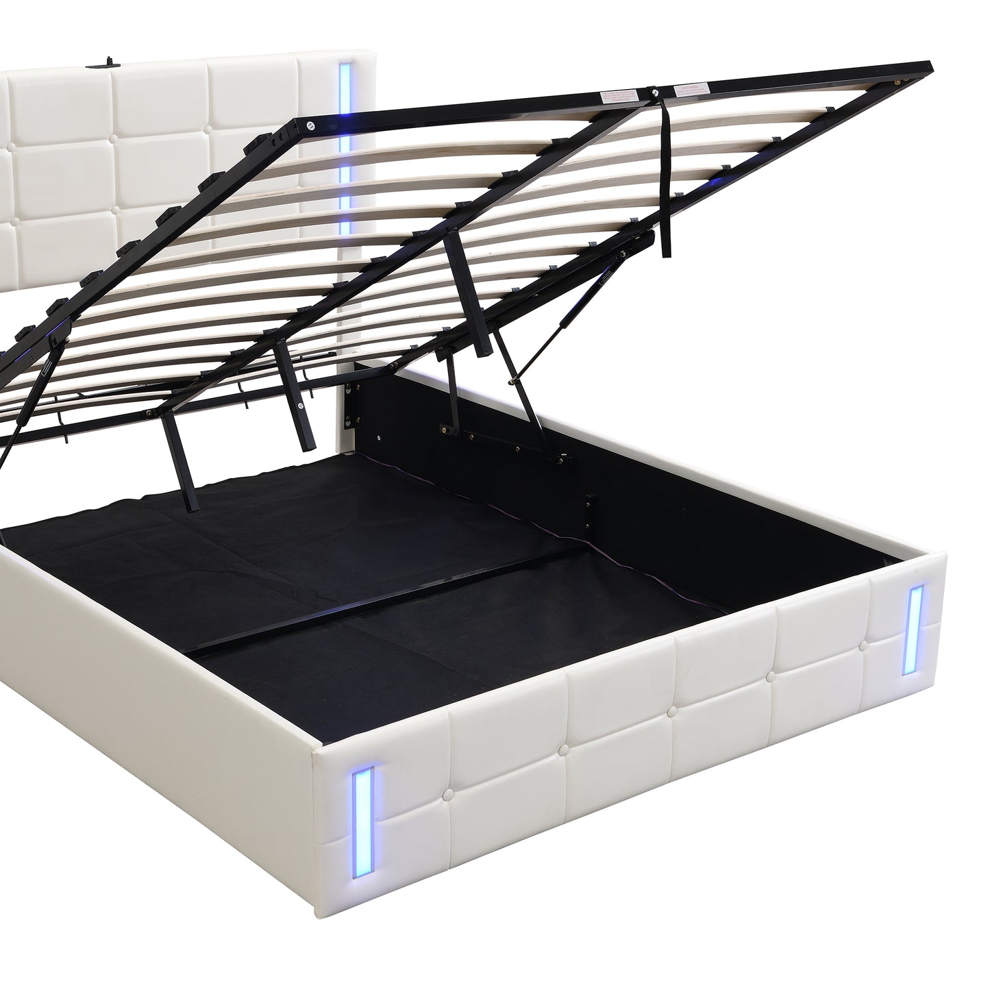 Cama tapizada de tamaño completo con luces LED, sistema de almacenamiento hidráulico y estación de carga USB, acabado blanco