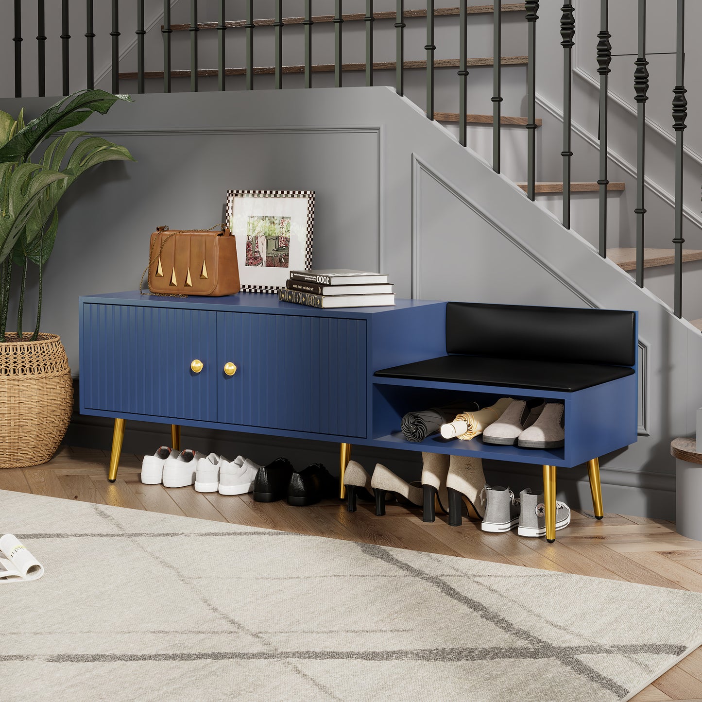 Modern Shoe Storage Bench with Hidden Storage and Upholstered Cushions, Navy Finish