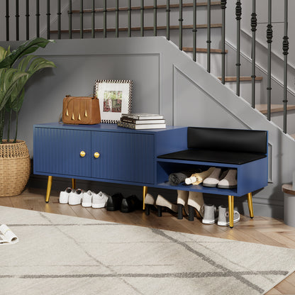 Modern Shoe Storage Bench with Hidden Storage and Upholstered Cushions, Navy Finish