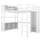 Metal loft bed with wardrobe and L-shaped desk, full-size loft bed with storage cabinet and shelf, white