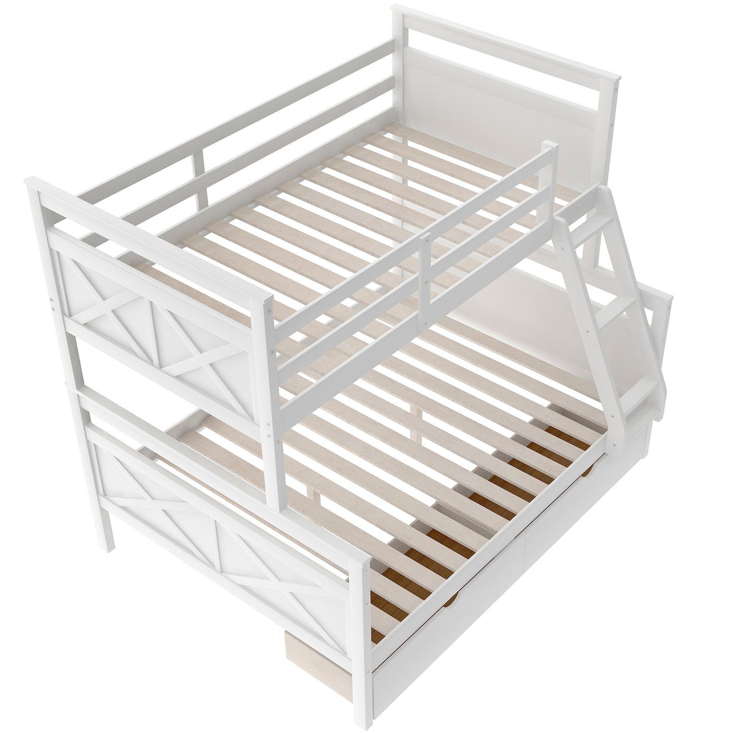 Twin over Full Bunk Bed with Ladder, Two Storage Drawers, Safety Guardrail  White