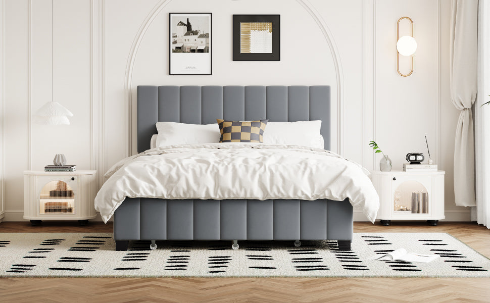 Queen Size Velvet Upholstered Platform Bed with 2 Drawers and 1 Twin XL Trundle- Gray