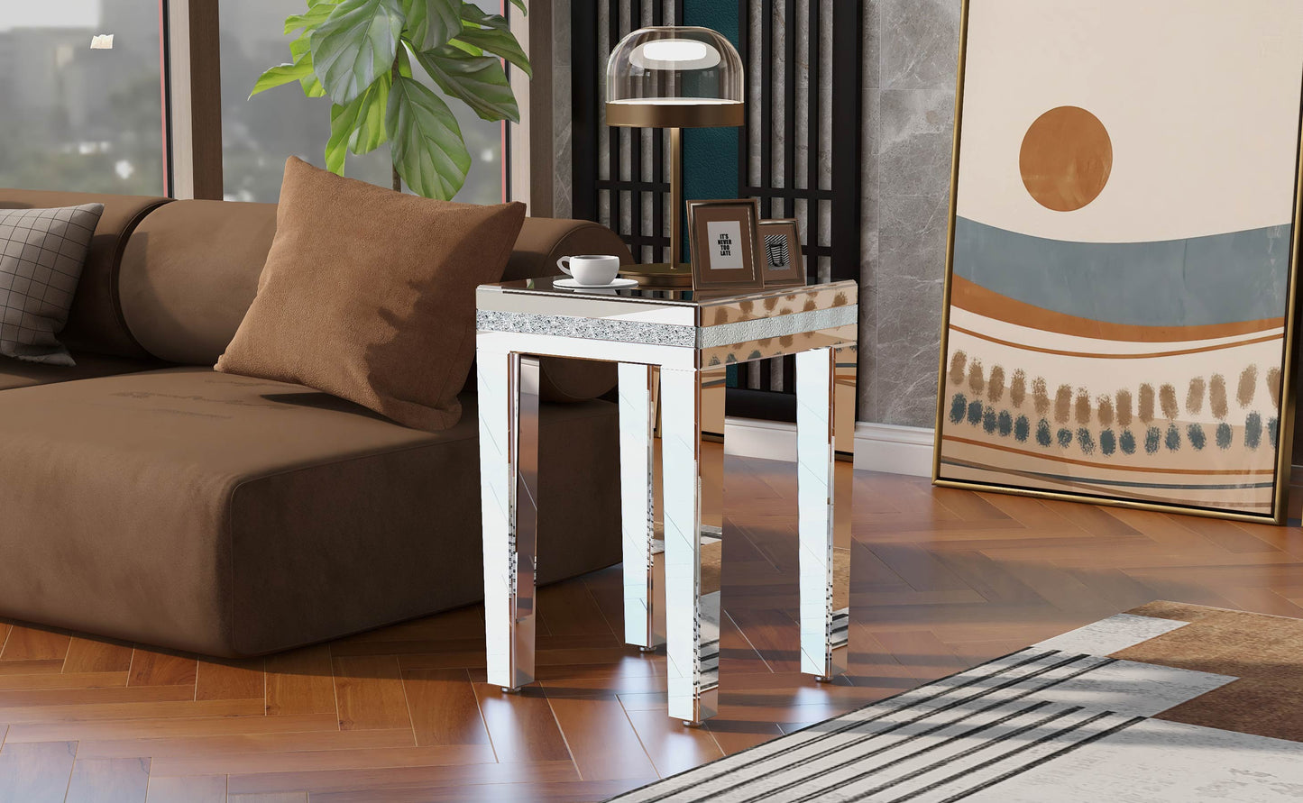 ON-TRANS glass mirror edge table, easy to assemble crystal design and adjustable height leg edge table, silver