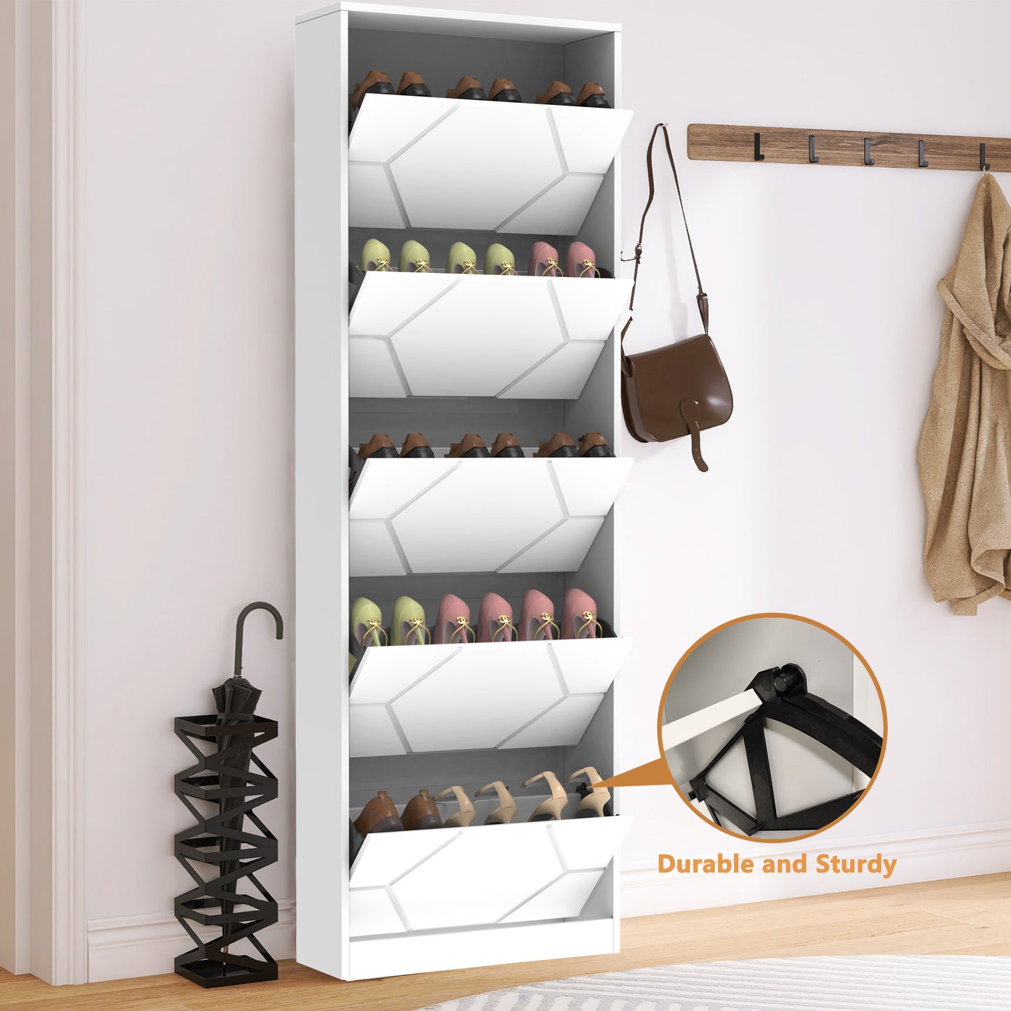 Shoe Storage Cabinet for Entryway, 5 Tiers Shoe Organizer with Carved Panels, Carving Shoe Closet,Vertical Shoe Cabinet