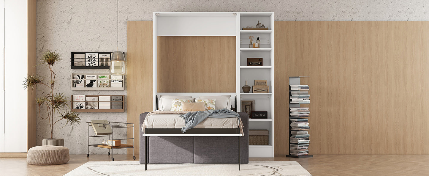 Cama plegable tamaño twin con sofá y estantes, color blanco