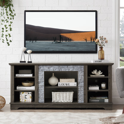 Mantel Stone modern entertainment console, manually stacked stone surrounds open storage space, gray