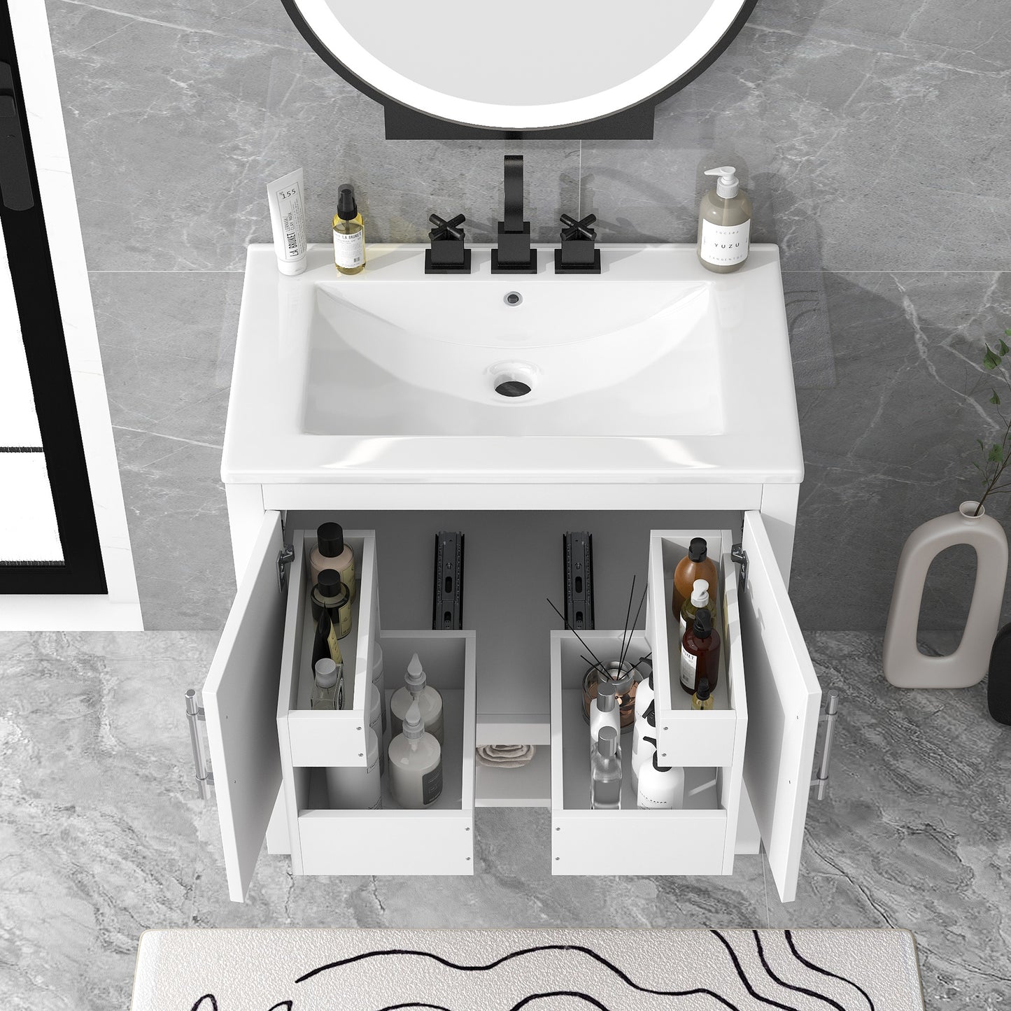 Bathroom Vanity with Sink Multi-functional Bathroom Cabinet with Doors and Drawers Solid Frame and MDF Board, White