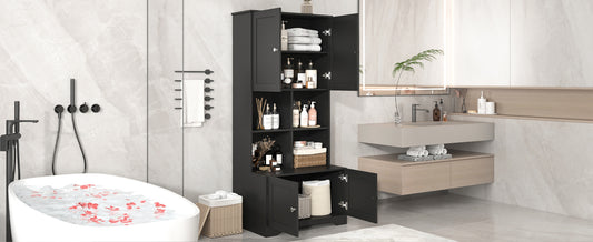 Bathroom storage cabinet, 4-door independent cabinet, adjustable shelf, open multi-layer shelf, black