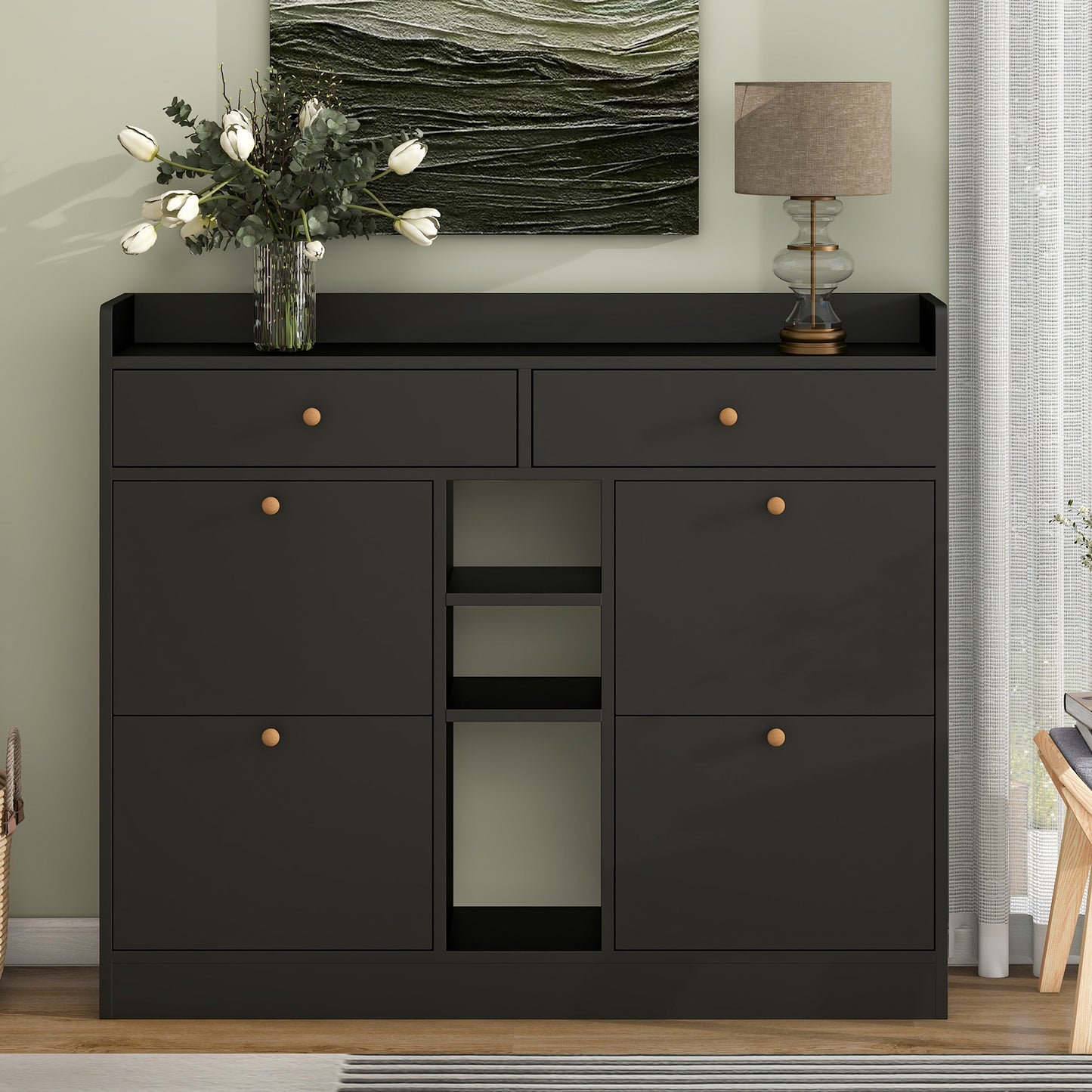 ONTREND modern shoe cabinet with 4 flipped drawers, multifunctional double-layer shoe storage with drawers, black.