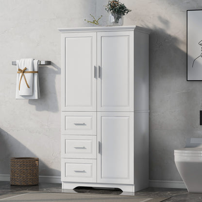 Tall and Wide Storage Cabinet with Doors, Three Drawers for Bathrooms and Offices, White Finish