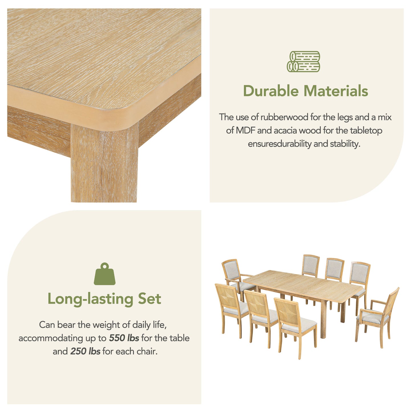 TOPMAX Expandable 84-Inch Dining Table Set with 24" Detachable Leaves, 6 Armless Chairs, and 2 Armchairs, Natural Finish