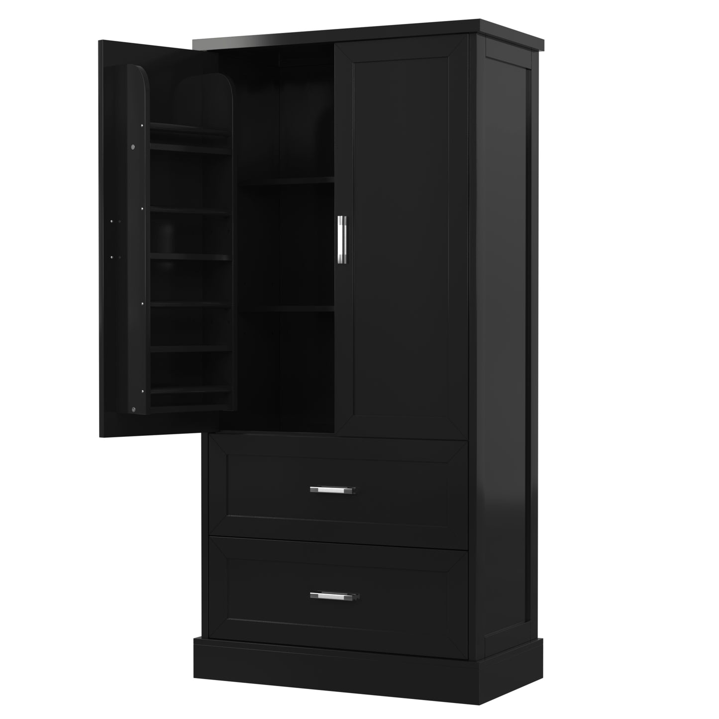 Mueble de baño alto con dos puertas y cajones, estante ajustable, tablero MDF, color negro