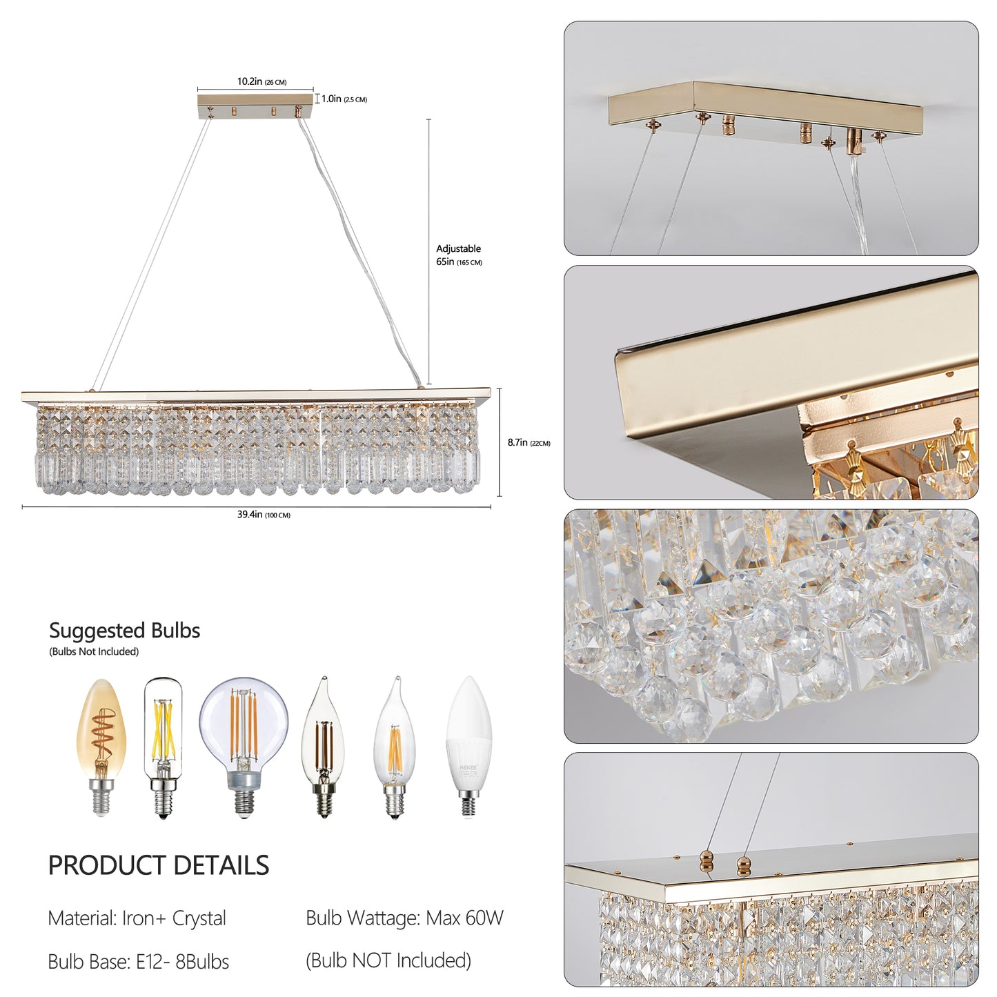 Modern Crystal Chandelier for Dining Room 8-Light Gold Rectangle Raindrop Chandelier L39.4'' x W9.8'' x H8.7'(Bulb Not Included)