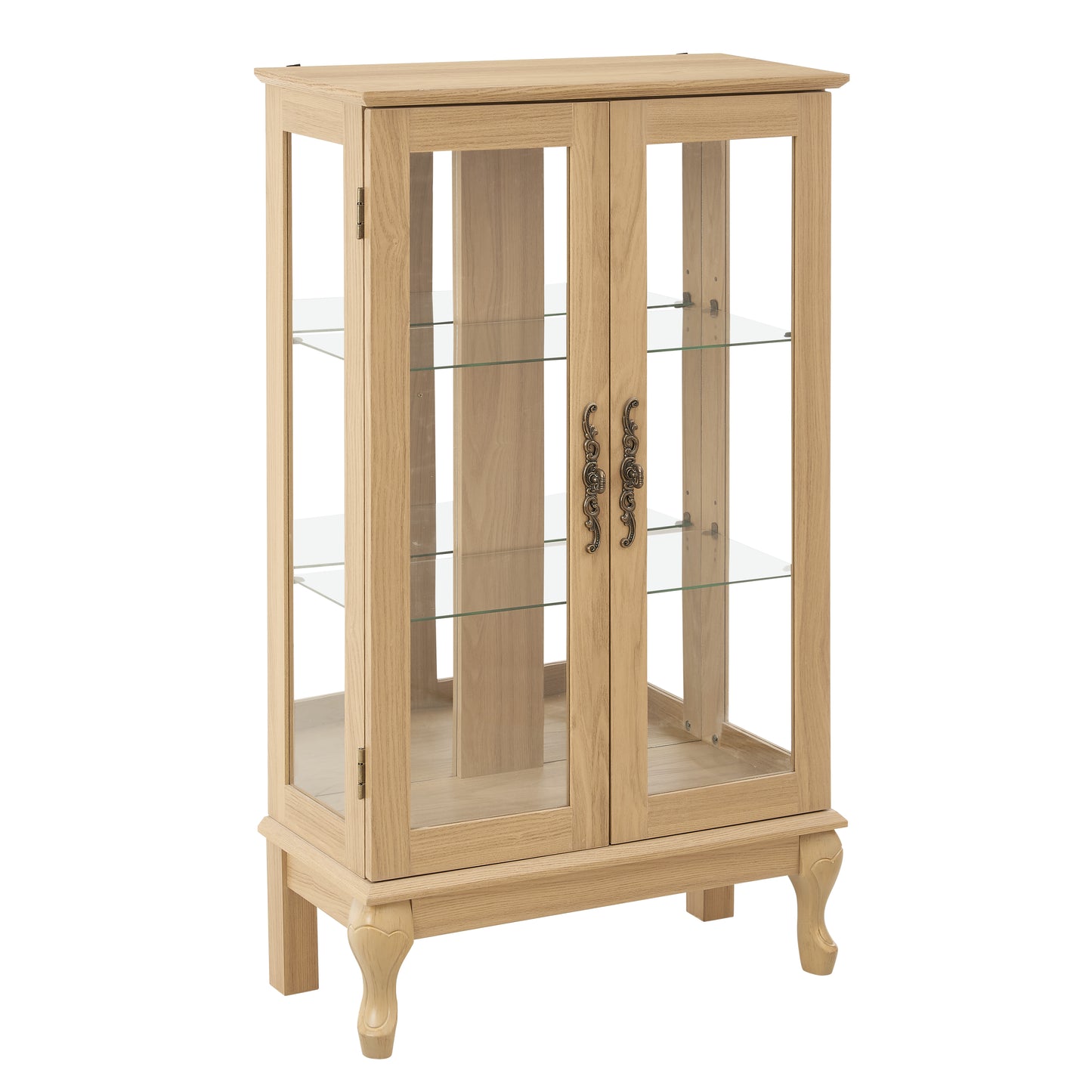 Dual door Curio cabinet with tempered glass doors, mirrored back panel and adjustable shelves, home lighting display cabinet Oak