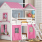 Twin Size Bunk Wood House Bed with Elegant Windows, Sills and Tent, Pink+White