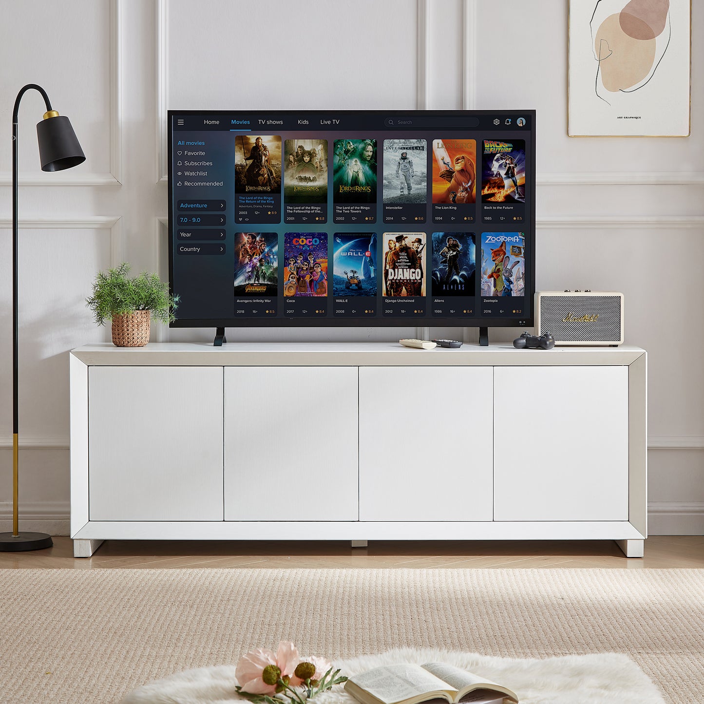 Side panel storage cabinet, TV stand, modern style cabinet, white, 64 inches wide x 15 inches deep x 23.23 inches high.