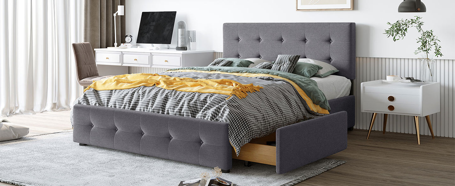 Upholstered Platform Bed with Classic Headboard and 4 Drawers Linen Fabric Queen Size Dark gray