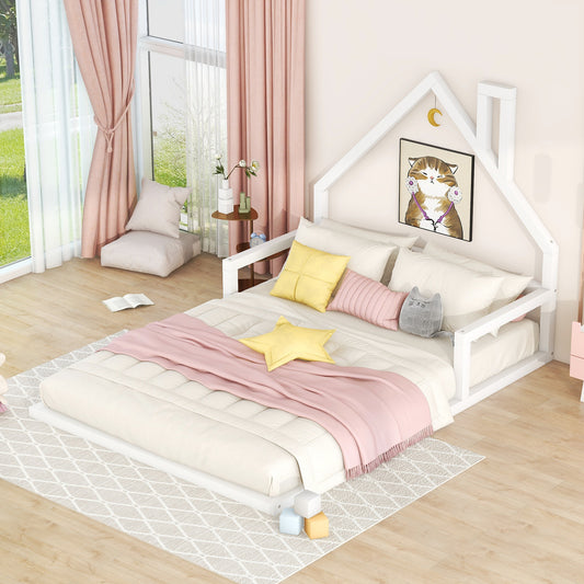 Full Size Wood Floor Bed with House-shaped Headboard  White