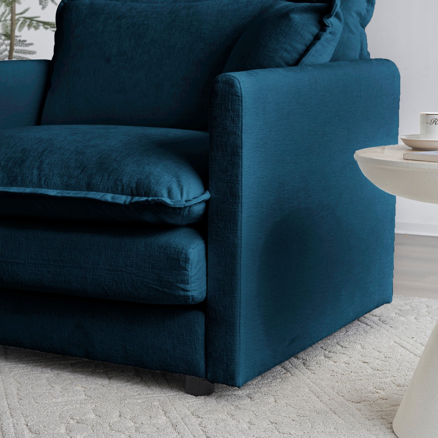 Sillón otomano de estilo moderno con cojines de chenilla, perfecto para salas de estar y dormitorios, color azul