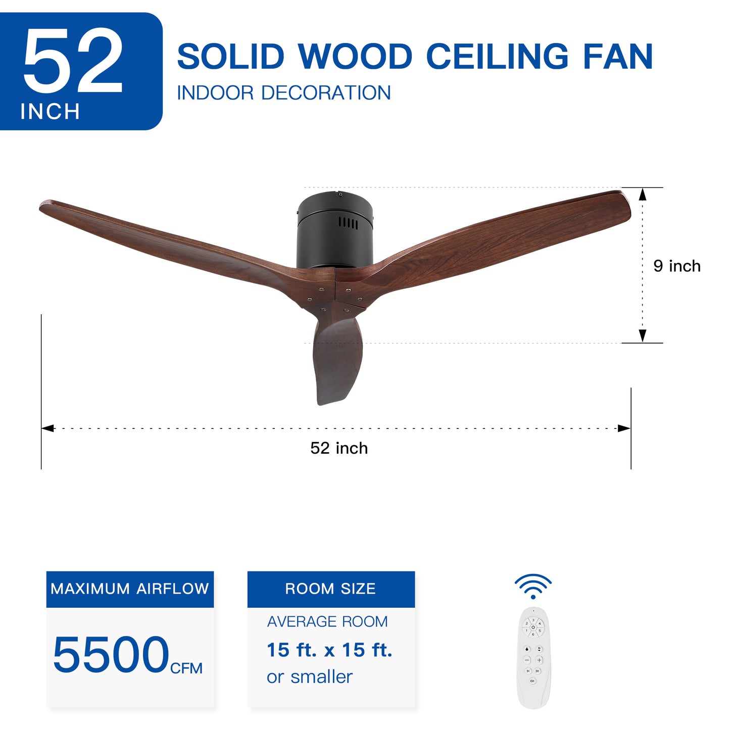 Farmhouse Rustic Ceiling Fan without Light - Matte Black with Solid Wood Blade