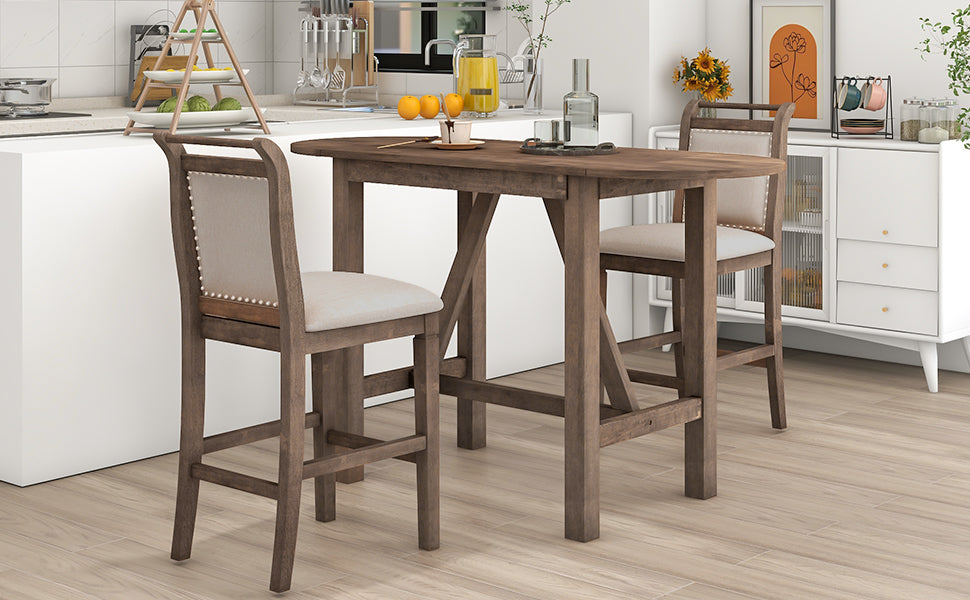 TOPMAX 3-Piece Wood Counter Height Drop Leaf Dining Table Set with 2 Upholstered Dining Chairs for Small Place, Brown