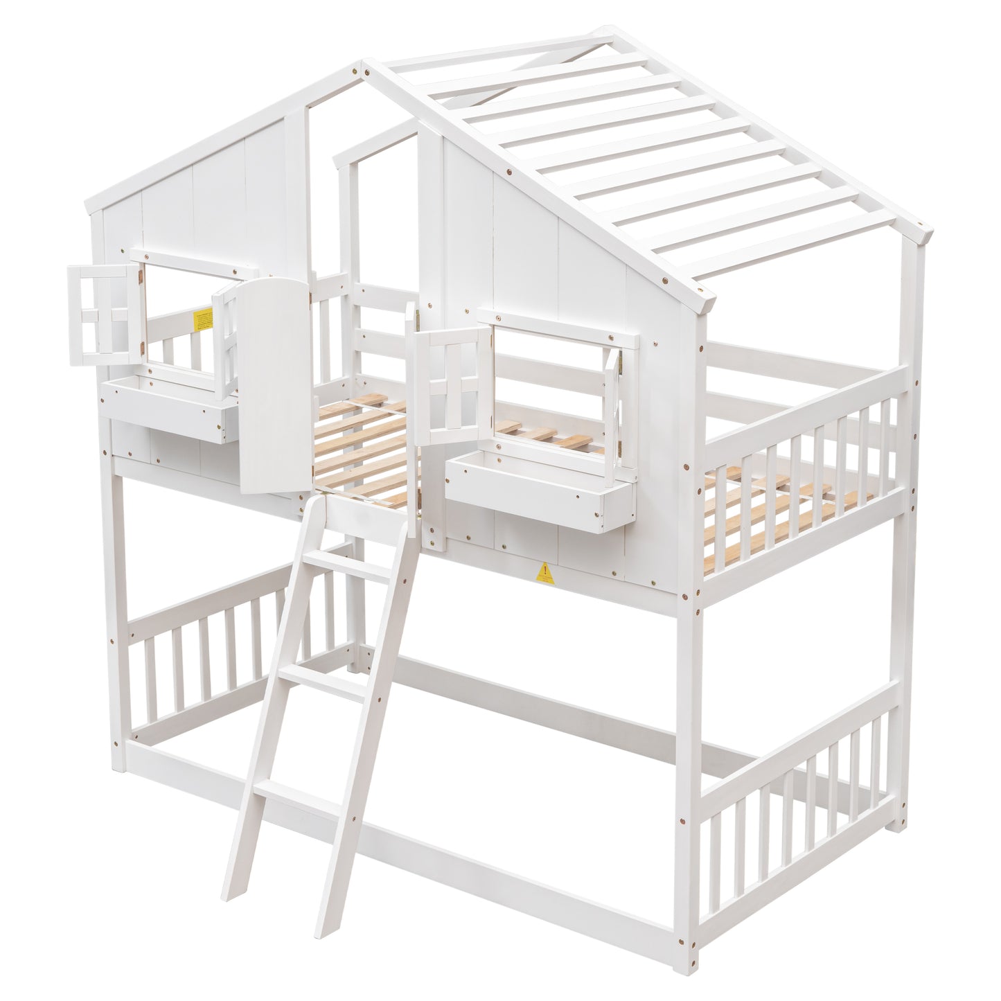 Twin over Twin House Bunk Bed with Roof , Window, Window Box, Door , with Safety Guardrails and Ladder,White