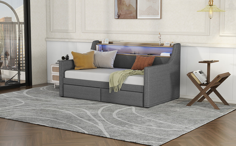 Twin Size Daybed with Storage Drawers, Upholstered Daybed with Charging Station and LED Lights, Gray