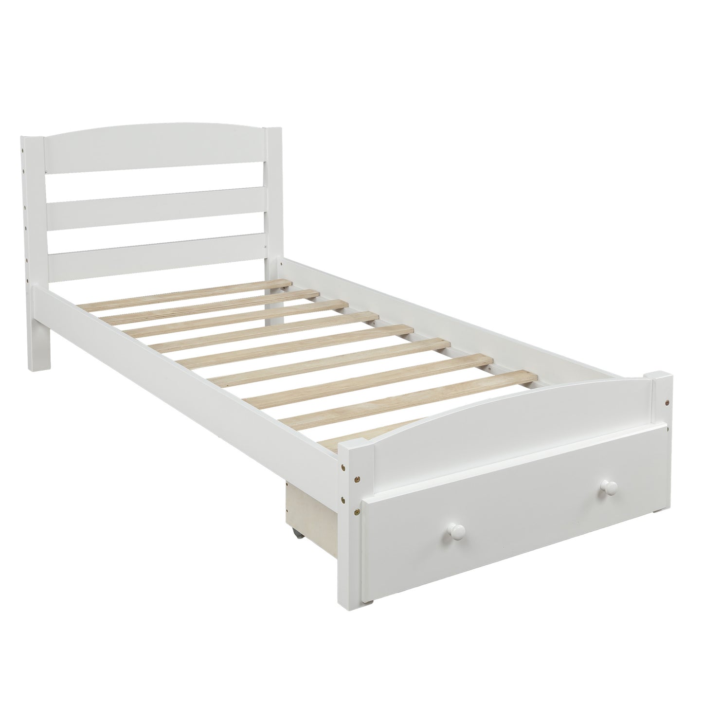 Platform Twin Bed Frame with Storage Drawer and Wood Slat Support No Box Spring Needed White