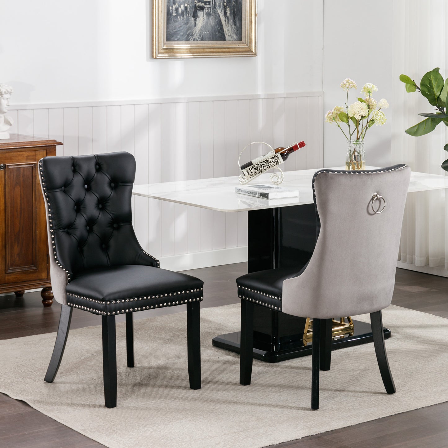 Tufted Solid Wood Contemporary PU and Velvet Upholstered Dining Chair with Wood Legs Nailhead Trim 2-Pcs Set Black+Gray