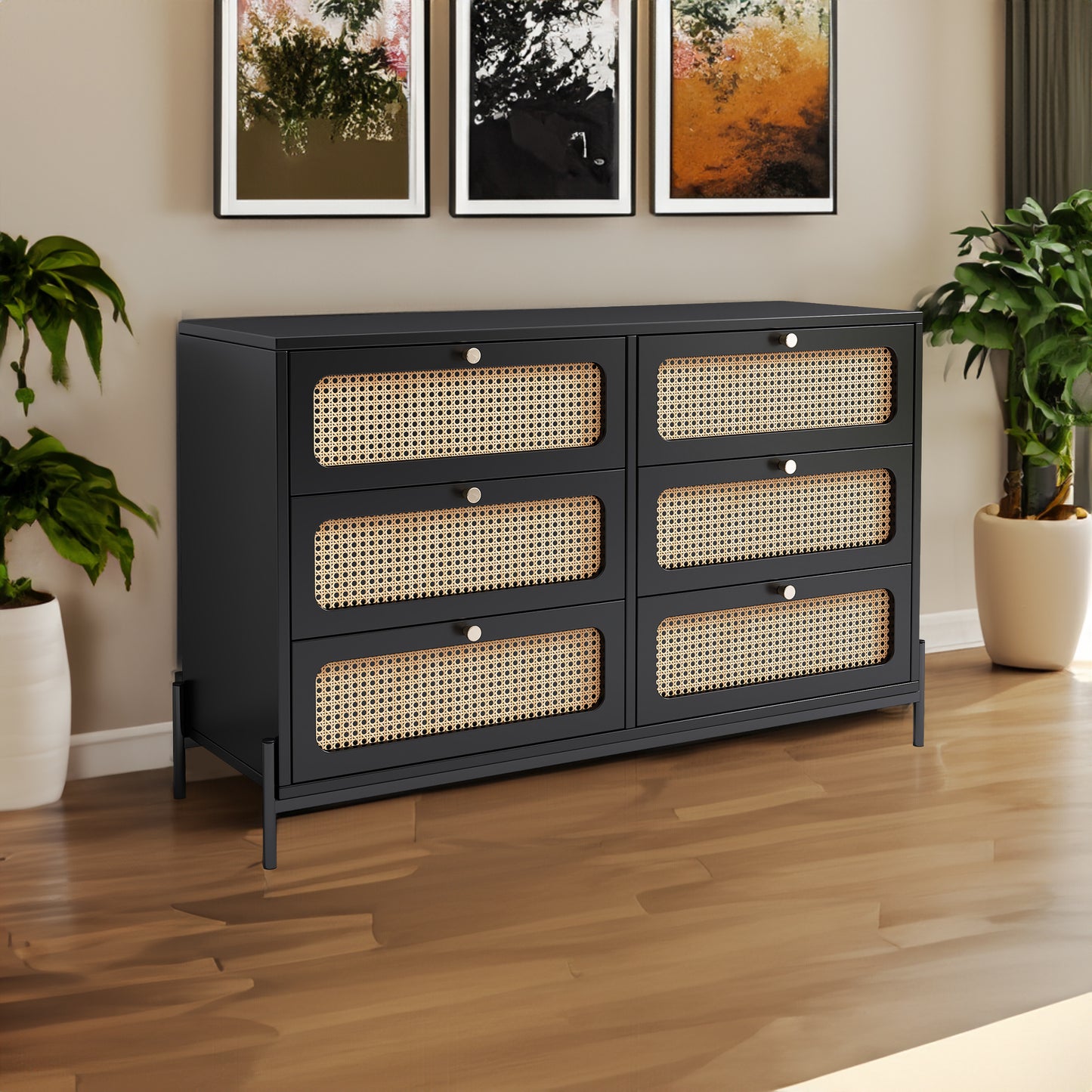 Armario moderno de madera de cáñamo con 6 cajones, tocador y panel lateral negro