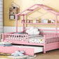 Wooden Full Size House Bed with Twin Size Trundle Kids Bed with Shelf Pink