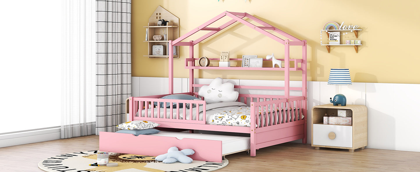 Wooden Full Size House Bed with Twin Size Trundle Kids Bed with Shelf Pink