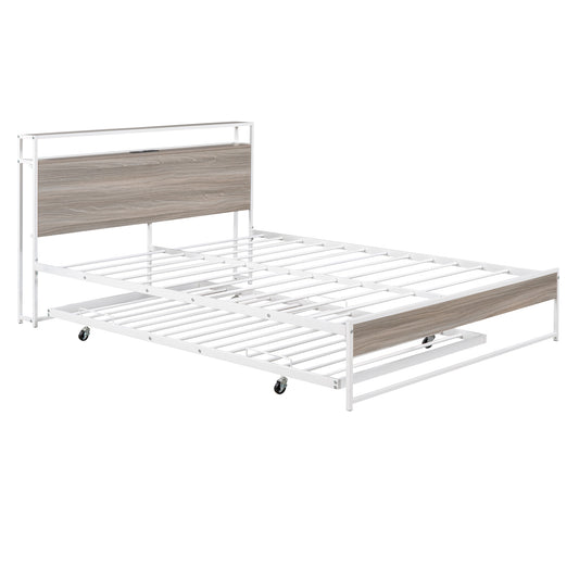 Queen Size Metal Platform Bed Frame with Trundle, USB Ports and Slat Support ,No Box Spring Needed White