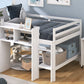 Full Size Low Loft Bed with Rolling Portable Desk, Drawers and Shelves, White