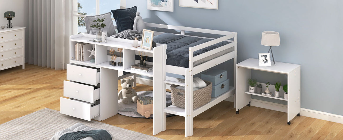 Full Size Low Loft Bed with Rolling Portable Desk, Drawers and Shelves, White