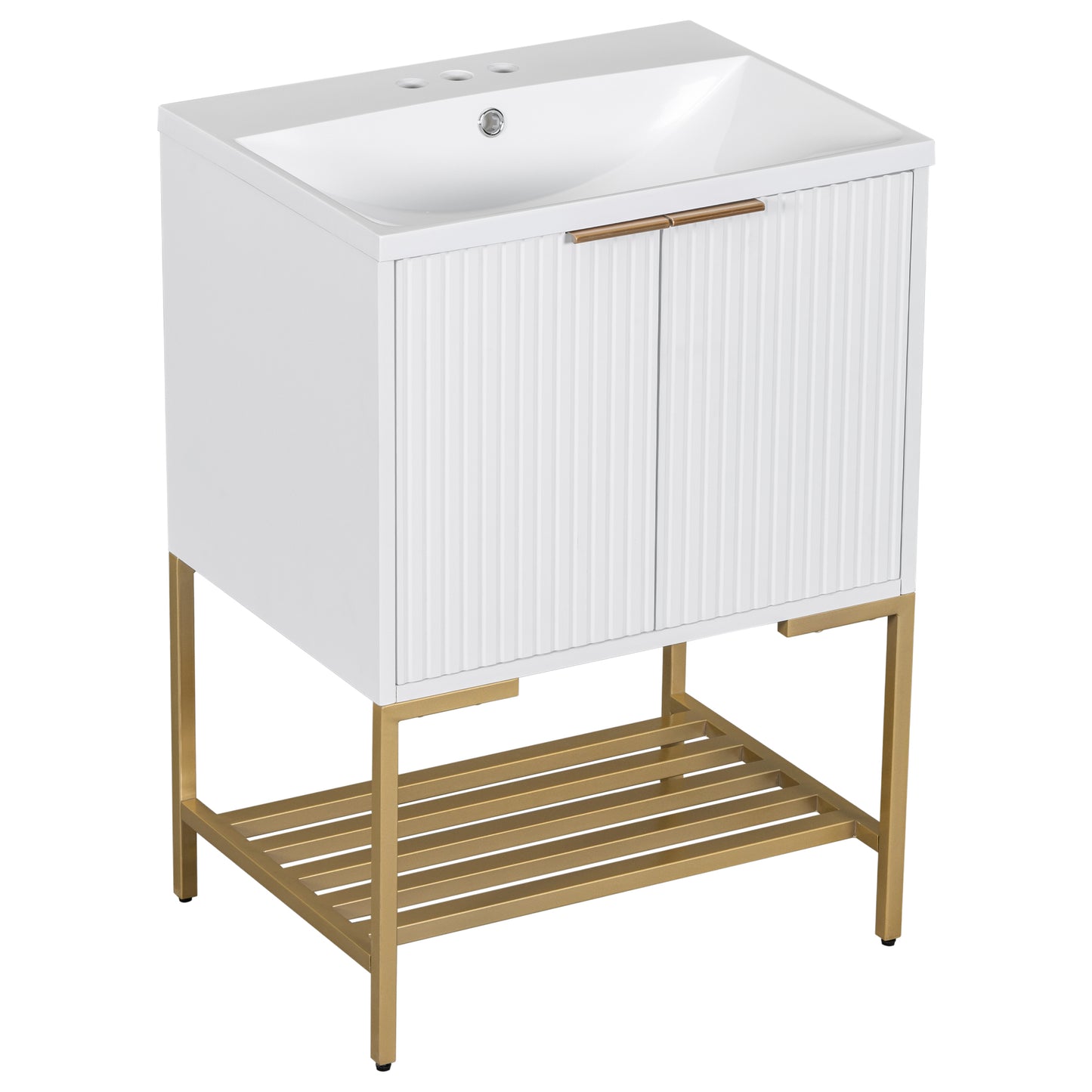 Bathroom Vanity with Sink, Bathroom Vanity Cabinet with Two Doors and Gold Metal Frame, Open Storage Shelf, White