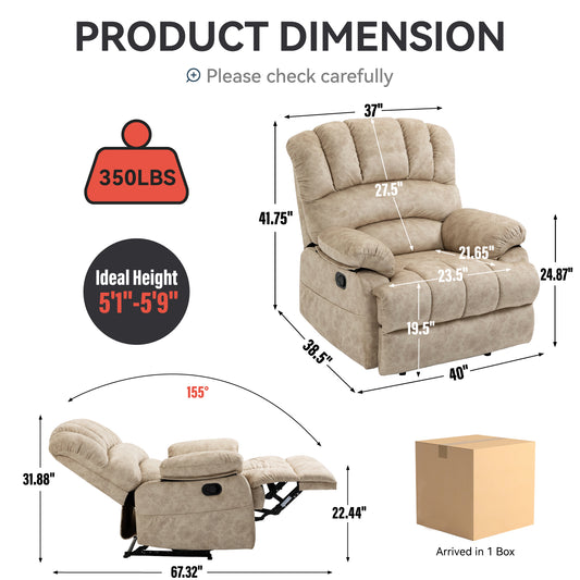 Large Manual Recliner Chair in Fabric, Comfortable Design for Living Rooms, Beige