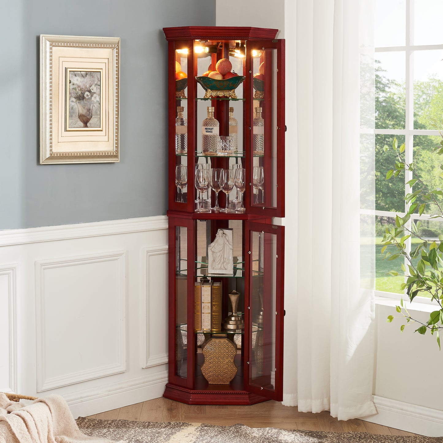 Corner Curio cabinet with illuminated glass display stand and tempered glass door, with adjustable bracket and light bulb