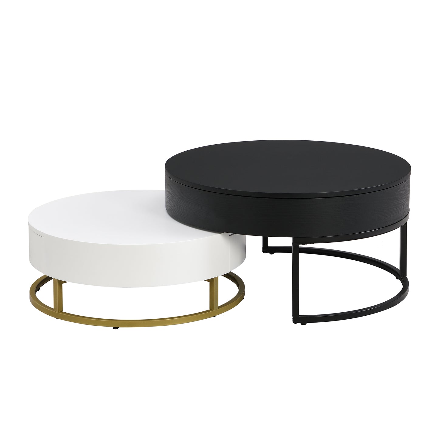 Modern Round Lift-Top Nesting Coffee Tables with 2 Drawers, White and Black Finish