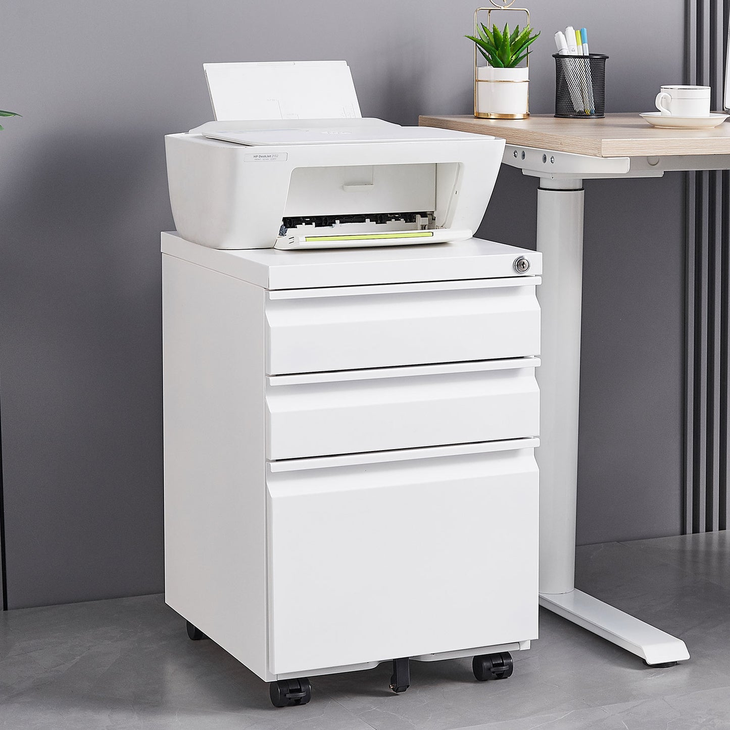 Locked three drawer storage mobile metal filing cabinet, pre assembled filing cabinet, except for wheels under the table (white)