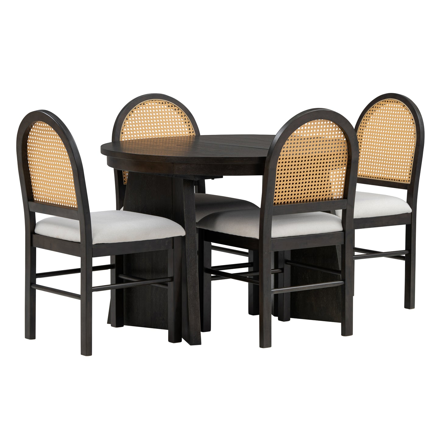 TREXM 5-Piece Retro Dining Set, Expandable Table and 4 Cushioned Chairs with Rattan Backrests, Espresso Finish